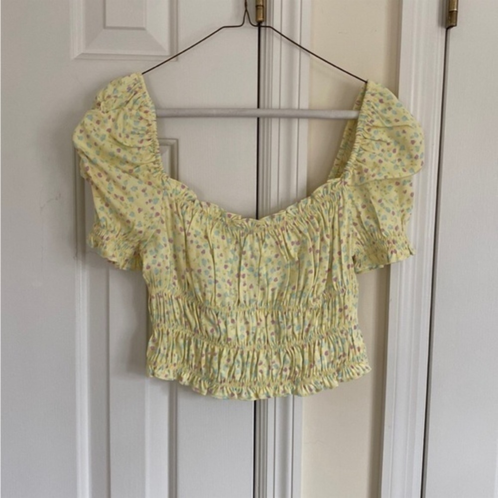 ZARA Yellow Smocked Dots Crop Top XS